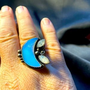 Lab created opal ring/moonstone accents stamped 925